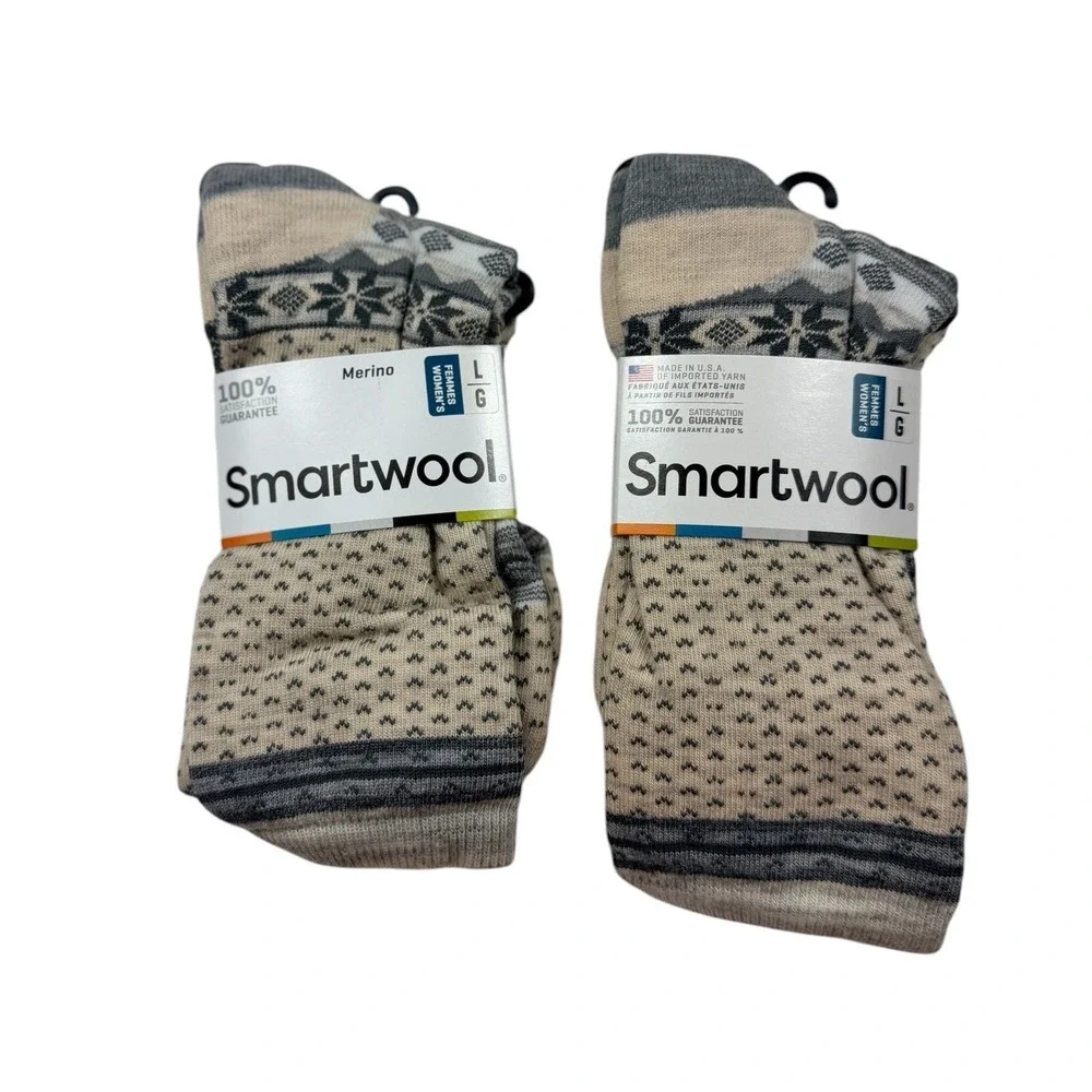 Smartwool 2 Pair Women L Cozy Cabin Crew Merino Wool Socks Natural Large LOT 2